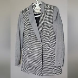 Black and White Checkered Herringbone Blazer Snap Button Long S AAIKO